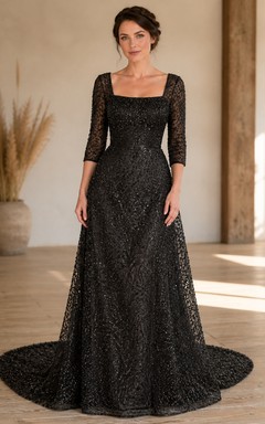 Black Elegant Textured A-Line Square Neck Three-Quarter Sleeve Floor-length Evening Dress