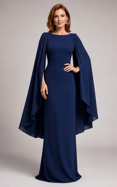 Dunkelblaues Säulenkleid mit Rundhalsausschnitt und Capeärmeln