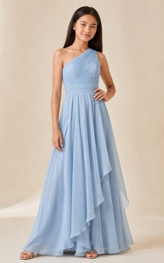Vestido de dama de honor juvenil azul cielo, corte en A, un solo hombro, sin mangas, de gasa, romántico.