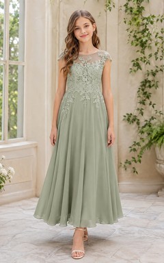 Celadonfarbenes Brautjungfernkleid für junge Mädchen, A-Linie, Teelänge, hoher Kragen, kurze Ärmel, Illusionsspitze, romantisch