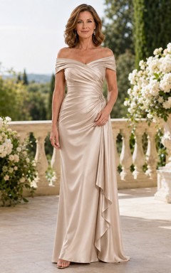 Champagne Off-Shoulder Satin Sheath Floor-Length Mother of the Bride Gown with Draped Ruching