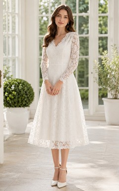 White V-neck Long Sleeve Lace Tea Length A-line Elegant Guest Dress