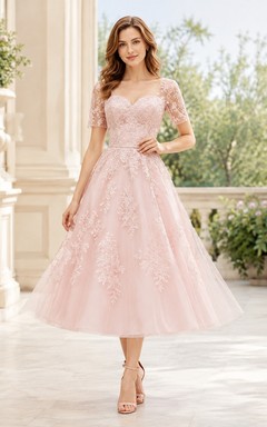 Pink Lace Scoop Neck Short Sleeve A-Line Tea-length Romantic Garden Guest Dress