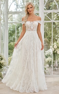 Off-Shoulder Lace A-Line Floor-Length Sweep Train Romantic Garden Wedding Dress