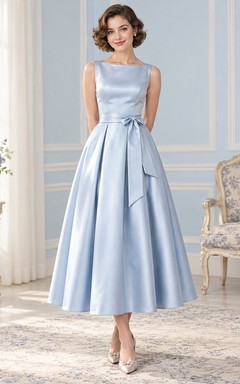Vintage Tea-length Sky Blue Bateau Sleeveless Bow Satin Prom Dress