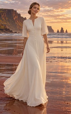 Vestido de novia de crepé de China con escote en V, mangas abullonadas y botones delanteros.
