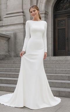 Bateau Long Sleeve Crepe Mermaid City Hall Wedding Dress