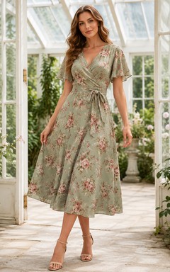 Vestido cruzado con escote en V y estampado de rosas color salvia, largo hasta la rodilla.