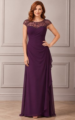 Plum Short Sleeve Lace Sheath Modest Formal Evening Dress
