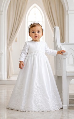 Long Sleeve Baby Christening A-Line Satin Lace Floor-Length Gown