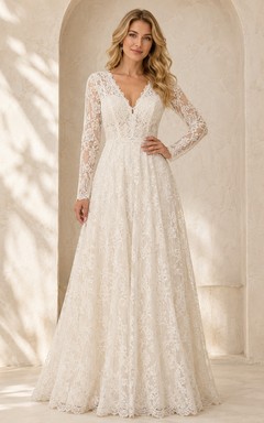 Vestido formal largo hasta el suelo, color marfil, con escote en V y encaje, manga larga.
