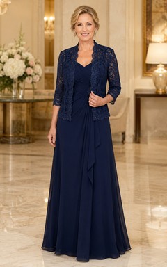 Dunkelblaues Chiffon-Mutterkleid mit Spitzenjacke
