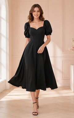 Romantic Black Sweetheart Puff Sleeve Satin Tea Length Cocktail Dress