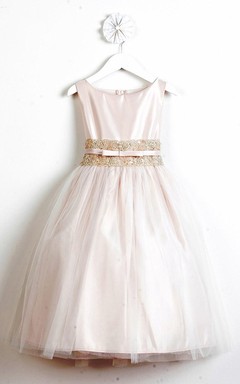 Tea-Length Bowed Tiered Tulle&Lace Flower Girl Dress With Sash