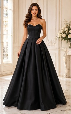 Black Simple Strapless Satin Princess Ball Gown Formal Dress
