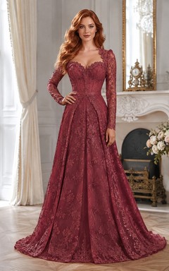 Vestido de noche clásico de satén burdeos, encaje, tul, escote corazón, manga larga, corte sirena, largo hasta el suelo