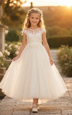 Blumenmädchenkleid aus elfenbeinfarbener Spitze und Tüll, A-Linie, kurze Ärmel, Rundhalsausschnitt, Teelänge, Schleife am Rücken