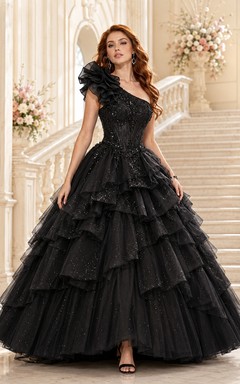Black Ruffled Sequined One-Shoulder Ball-Gown Floor-Length Tulle Dramatic Quinceanera Gown