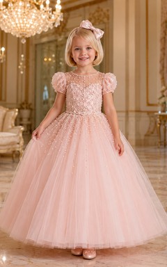 A-Line Flowergirl Pearl Beaded Tulle Floor-Length Puff Sleeve Luxury Pink Wedding Gown