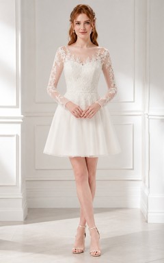Illusion Lace Bateau Long Sleeve Tulle Short A-Line Wedding Dress
