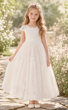 Lace Tulle A-Line Flower Girl Dress with Jewel Neck and Tea-Length Skirt