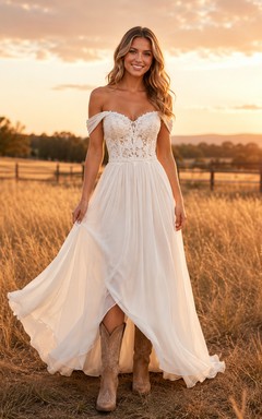 Flowy Off-Shoulder A-Line Wedding Dress with Sweetheart Lace and Split Skirt Romantic Casual Tulle