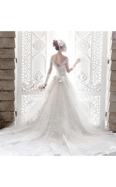 Vintage Off-the-Shoulder Lace Bowknot Wedding Dresses Lace With Long Train