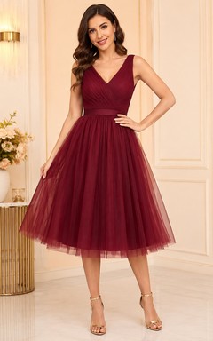 Vintage Burgundy V-Neck Sleeveless Tulle A-Line Tea-Length Formal Cocktail Dress