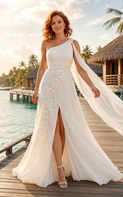 Brautkleid aus Chiffon und Spitze, A-Linie, schulterfrei, ärmellos, mit Schleppe und Schlitz