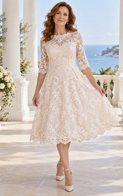 Vestido de novia modesto de corte A con encaje y mangas tres cuartos, ideal para novias mayores.