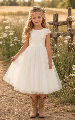A-Line Flowergirl Lace Tulle Tea-Length Cap Sleeve Rustic Western Wedding Dress