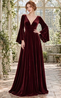 Langärmeliges, gotisches, burgunderrotes Samtkleid mit Glockenärmeln, V-Ausschnitt und fließendem, romantischem Schnitt – ein Brautjungfernkleid