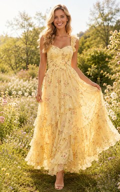 Yellow Floral Ruffle Tiered Garden Party Maxi Dress