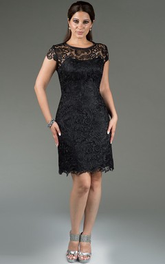 Scoop Neck Short Sleeve Sheath Lace Bridesmaid Dress Knee Length