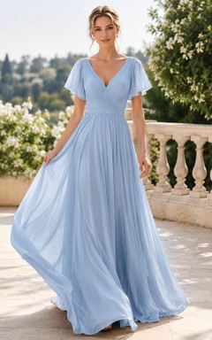 Vestido de dama de honor romántico azul cielo con escote en V, mangas con volantes, plisado, gasa y corte en A hasta el suelo