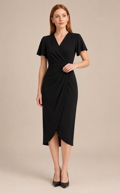 Black Short Sleeve Wrap Pencil Minimal Studio Midi Dress