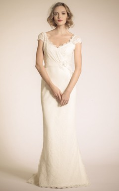 Sheath V-Neck Floor-Length Cap-Sleeve Lace Wedding Dress With Flower And Deep-V Back