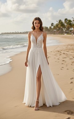 Robe de mariée de plage en mousseline blanche fendue jusqu'à la cuisse, bretelles spaghetti, corsage en dentelle, coupe trapèze.