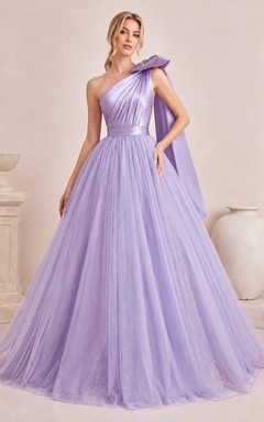 Oversized Shoulder Bow Lavender Ball Gown Floor-length One-Shoulder Sleeveless Tulle Luxury Modern Prom Quinceanera Celebrity Dress