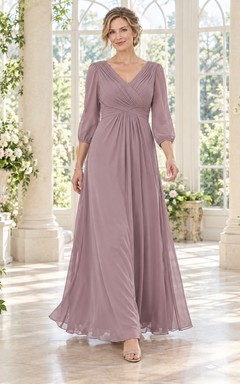 Vestido de gasa de corte A, estilo imperio, con escote en V, manga tres cuartos y largo hasta los tobillos, color malva, para la madre de la novia.
