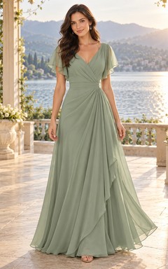 Sage Wrap Neck Flutter Sleeve Flowing Draped Wedding Guest Gown
