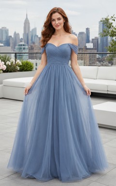 Rooftop Evening Formal Steel Blue Romantic Elegant Princess Ball Gown Tulle Bridesmaid Dress with Sweetheart Strapless Sleeveless Floor-Length Zipper Back