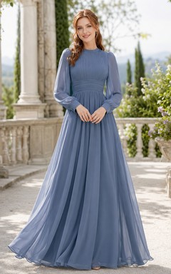 Steel Blue Modest Long Sleeve Chiffon Formal Dress