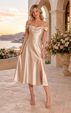 Romantisches A-Linien-Kleid aus Satin mit kurzen Ärmeln und Teelänge für Champagner-Empfang und schulterfreiem Schnitt.