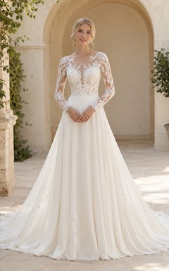 Robe de mariée raffinée en tulle fleuri à col bateau, manches longues transparentes et coupe trapèze, longueur au sol