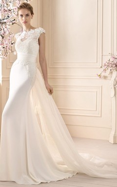 Sheath Floor-Length Cap-Sleeve Appliqued High-Neck Jersey Wedding Dress