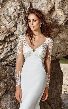 Sheath V-Neck Long-Sleeve Chiffon Wedding Dress With Illusion