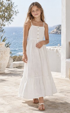 Simple Square Neck White Beach Spaghetti Strap Tiered Linen Flower Girl Dress