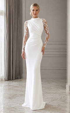 Modest White High Neck Lace Long Sleeve Satin Mermaid Floor-Length Gown
