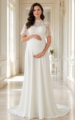 Vestido de novia de satén con cuello alto y mangas tipo capa, estilo modesto, para embarazadas.